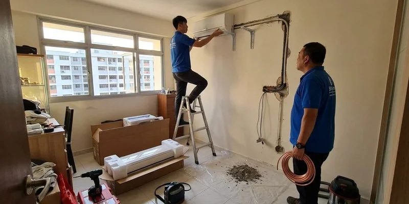 Professional aircon installation in progress at an HDB flat