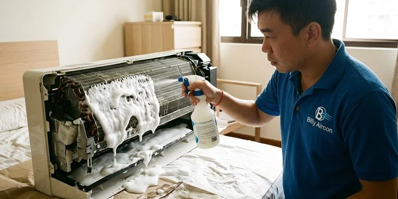 Technician performing thorough aircon filter cleaning