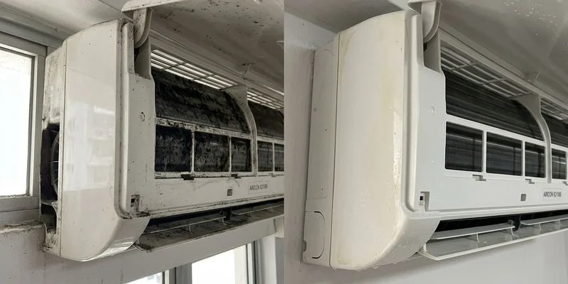 Before and after comparison showing dramatic improvement from chemical wash