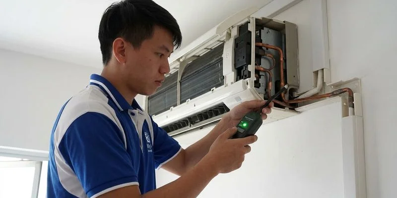 Technician performing electronic leak detection on aircon piping