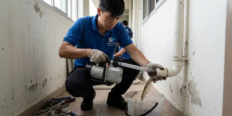 Technician clearing a blocked aircon drain pipe with vacuum pump