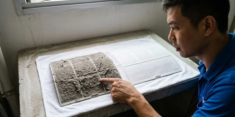 Clogged aircon filter compared to a clean filter