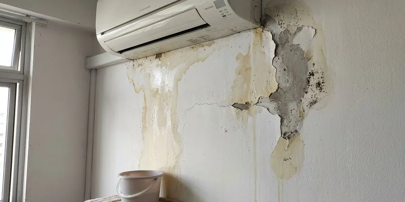 Water stain on wall from aircon leak caused by improper installation angle