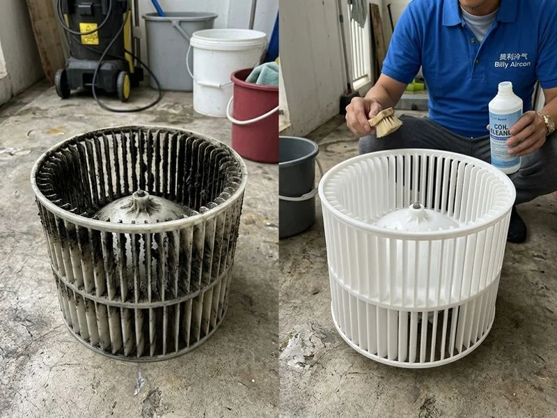 Before and after comparison of an aircon blower fan cleaned with chemical wash