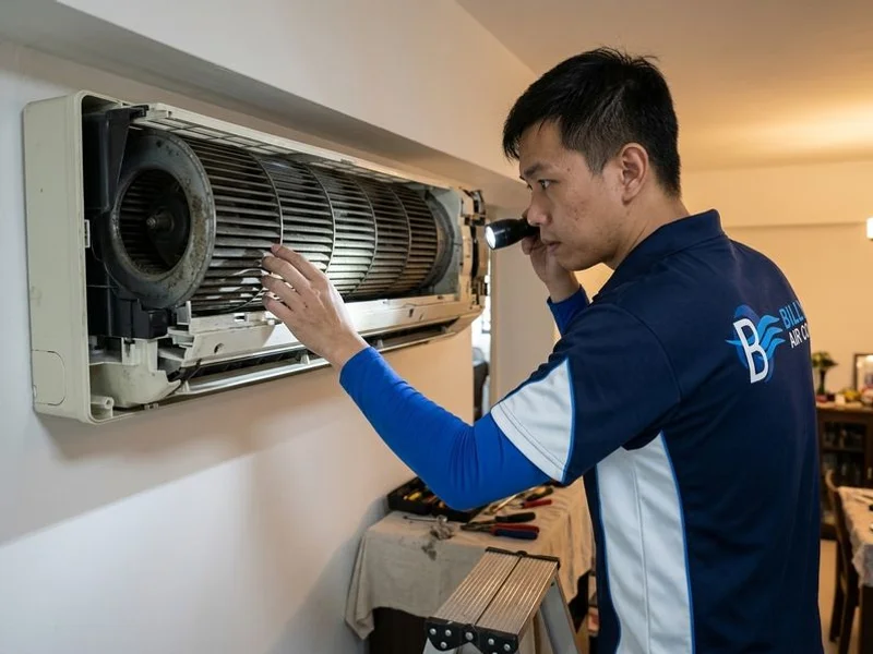 Billy Aircon technician inspecting the blower unit during a routine service check