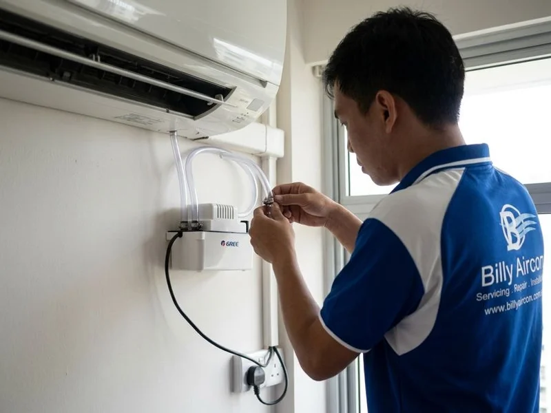 Condensate pump being installed to solve aircon drainage issues in a flat ceiling installation