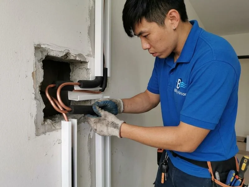 Professional copper piping installation connecting indoor and outdoor aircon units
