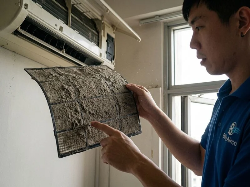 Heavily clogged aircon filter covered in dust that reduces cooling performance