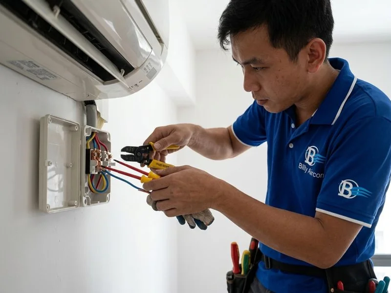 Electrician completing the electrical wiring connection for a newly installed aircon system