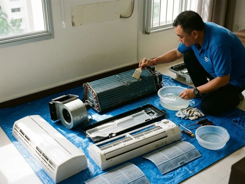 Fully dismantled aircon indoor unit being soaked in chemical solution for deep cleaning