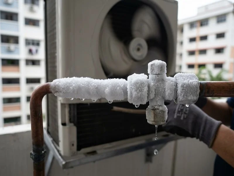 Ice forming on aircon copper pipes at the outdoor unit indicating low refrigerant gas levels