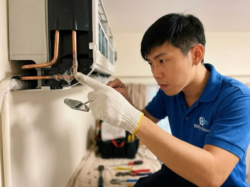 Technician performing leak detection test on aircon copper piping joints and connections