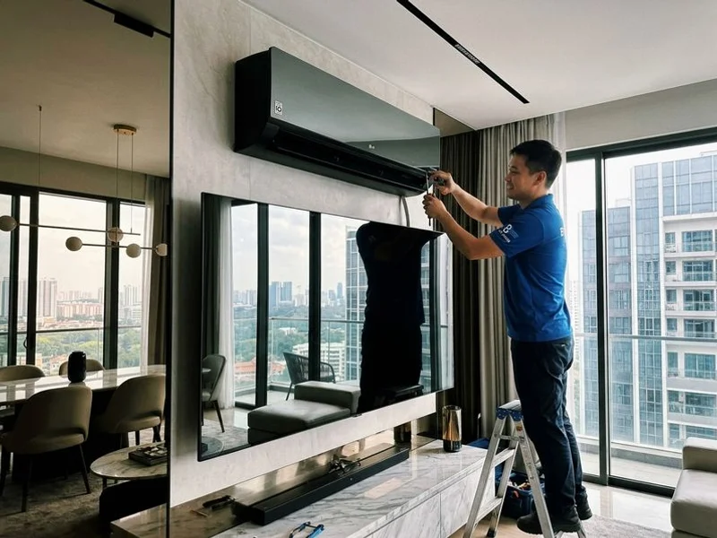 LG Artcool mirror finish aircon unit in a modern Singapore condominium living room