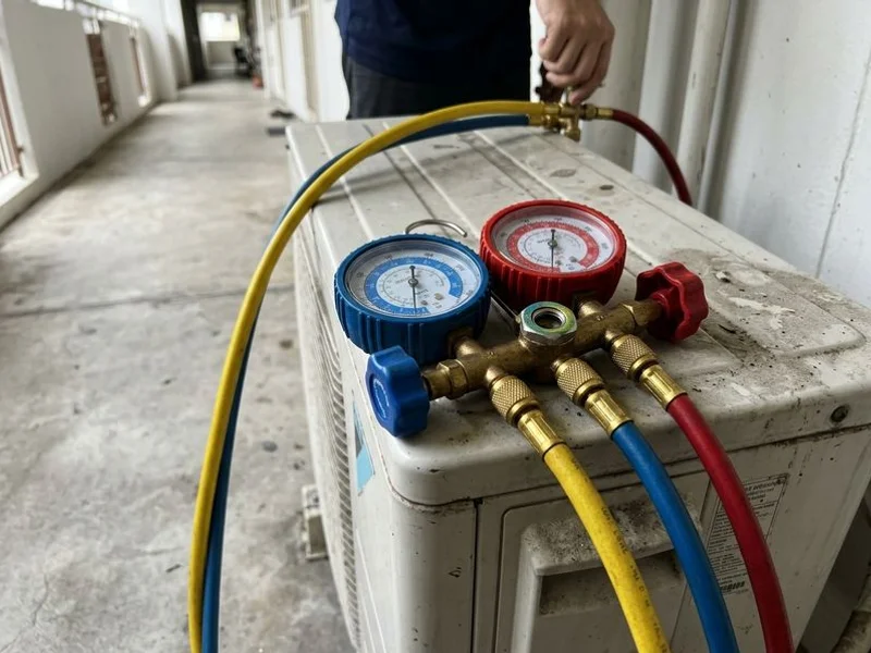 Manifold gauge displaying correct refrigerant pressure readings after gas top-up