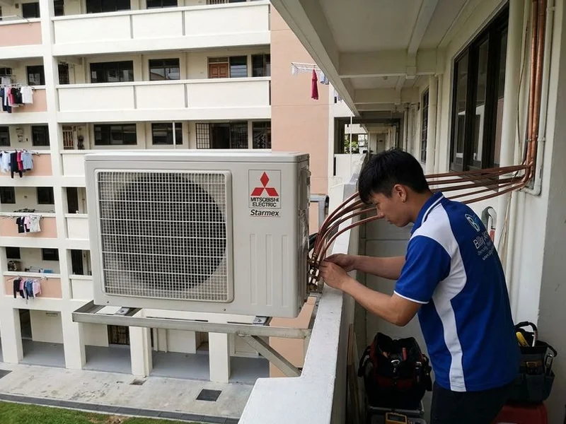 Mitsubishi Electric Starmex multi-split system outdoor unit at a Singapore HDB corridor