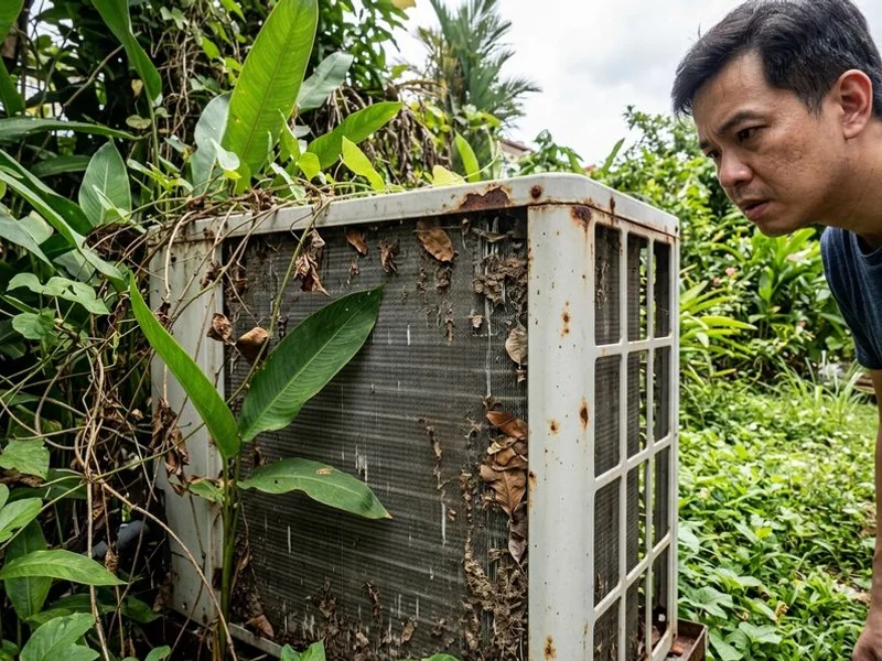 Aircon outdoor condenser unit blocked by debris and vegetation restricting heat dissipation