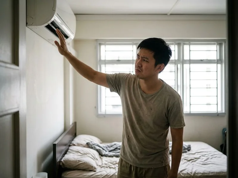 Person holding hand near aircon vent feeling warm air instead of cold in a Singapore bedroom