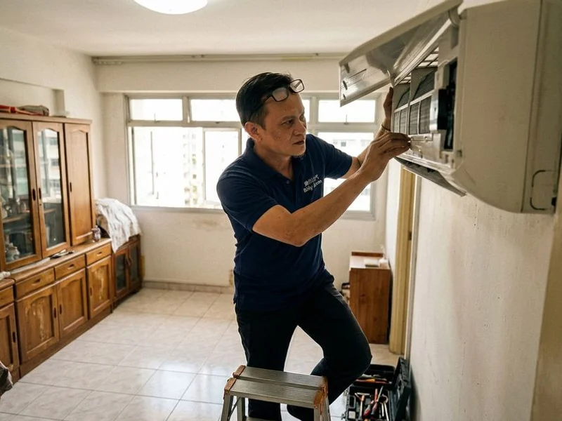 Philips, founder of Billy Aircon, inspecting an aircon system at a Singapore HDB unit