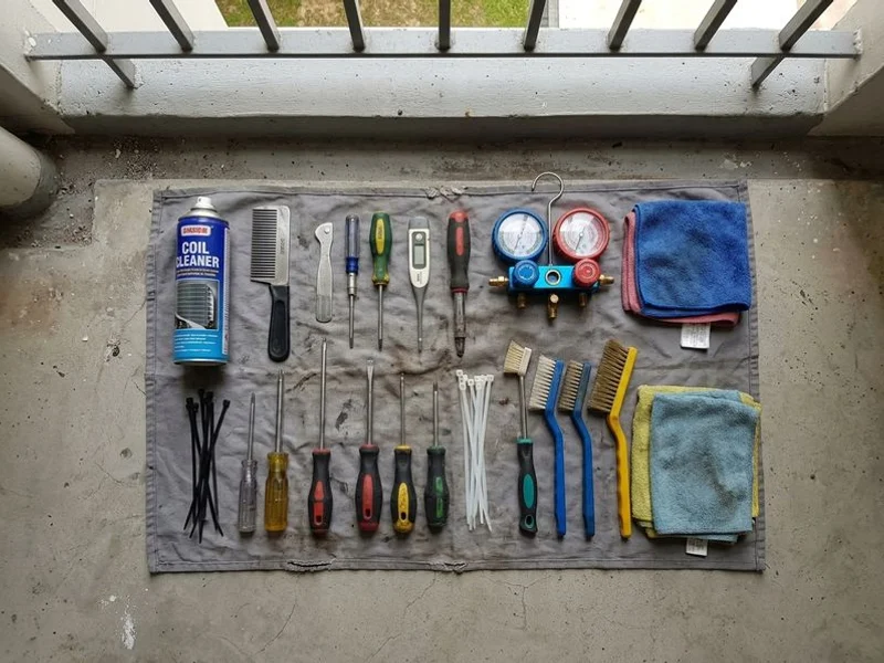 Professional aircon servicing tools laid out before a maintenance appointment