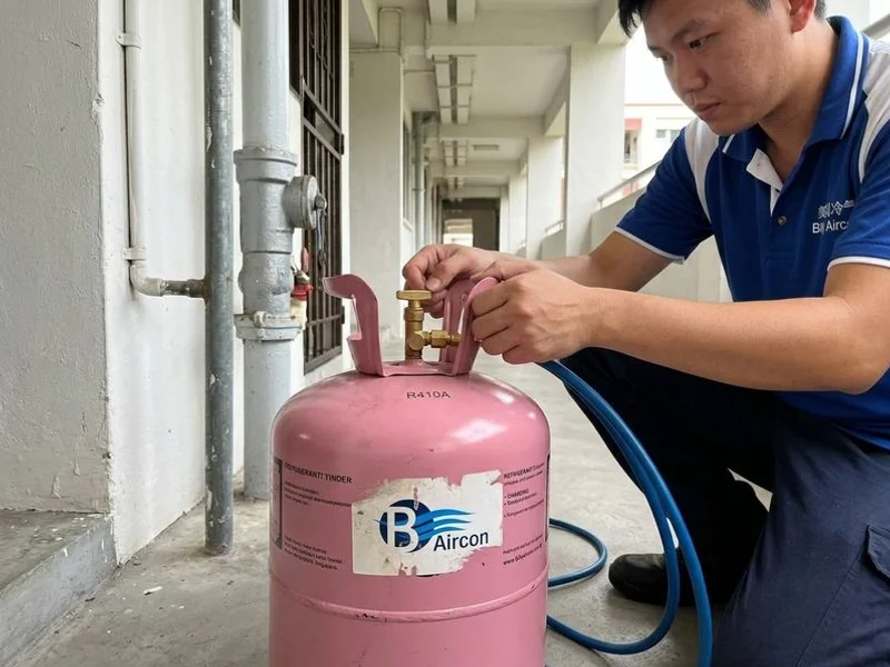 Professional R410A refrigerant cylinder being used for aircon gas top-up service