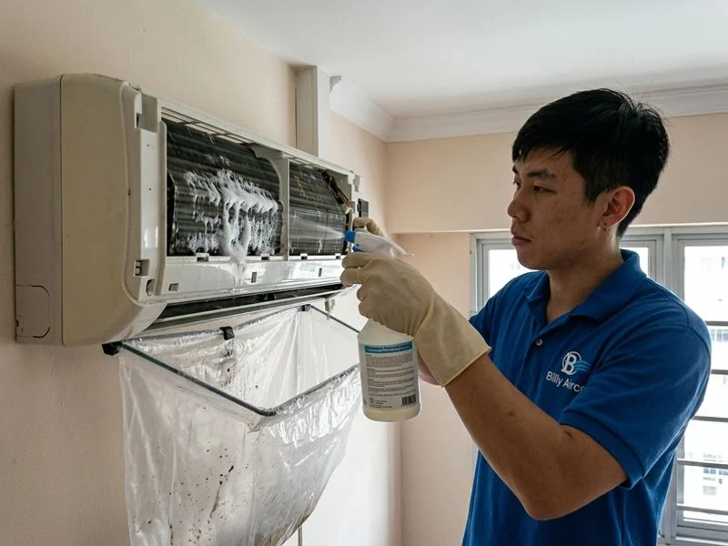 Billy Aircon technician applying alkaline chemical solution to evaporator coils during chemical wash