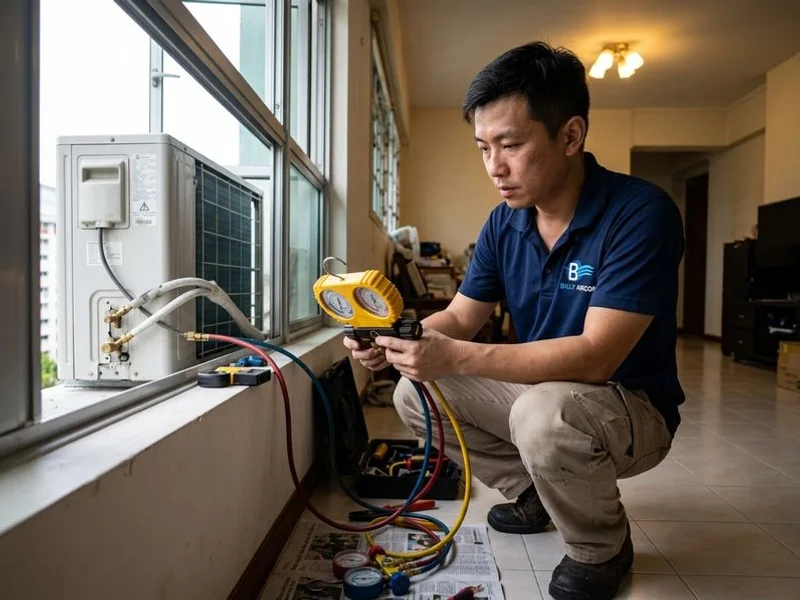 Billy Aircon technician checking refrigerant gas pressure with a manifold gauge set