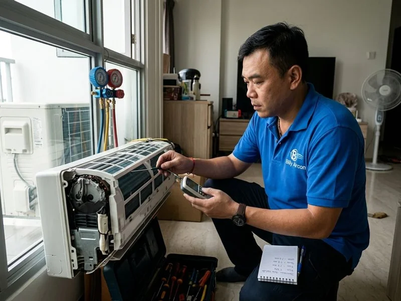 Billy Aircon technician using diagnostic tools to identify why an aircon is not cooling properly