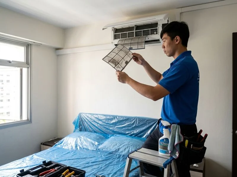 Billy Aircon technician performing standard servicing on a wall-mounted split unit in a Singapore HDB flat