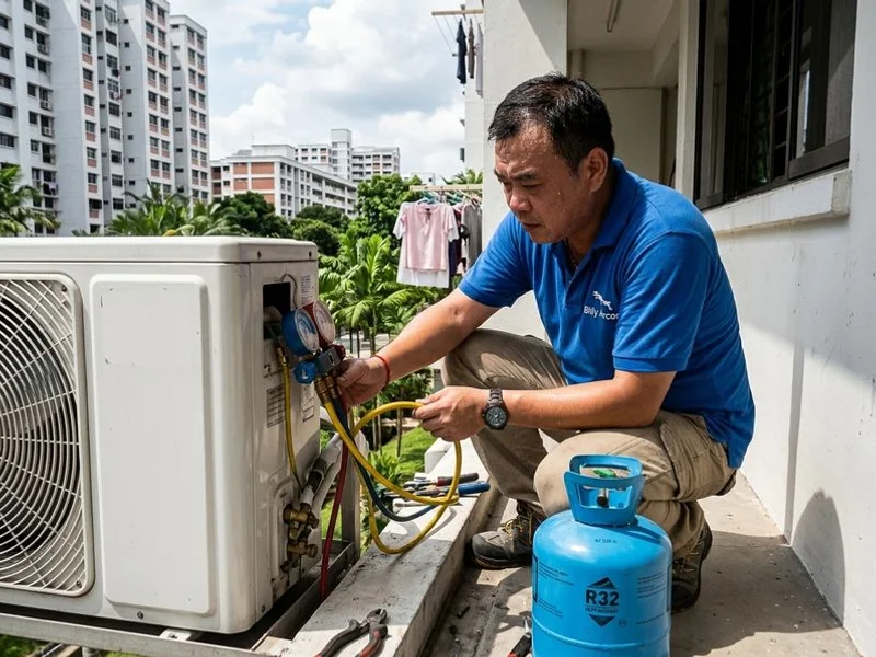 Licensed technician topping up R32 refrigerant in a modern inverter aircon system