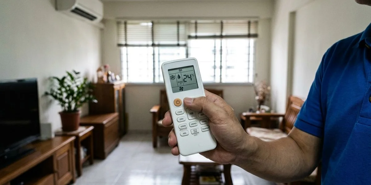 Aircon remote control showing various mode symbols and icons on LCD display
