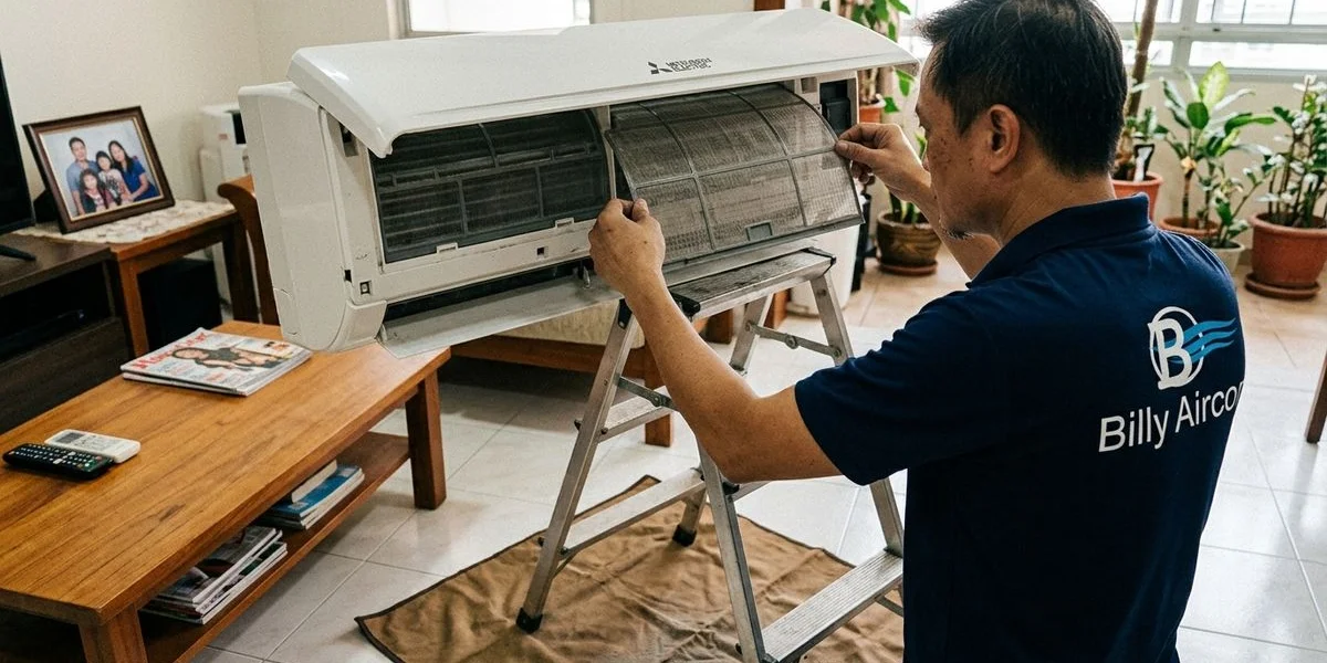 Aircon technician performing routine servicing cleaning filters in Singapore HDB flat
