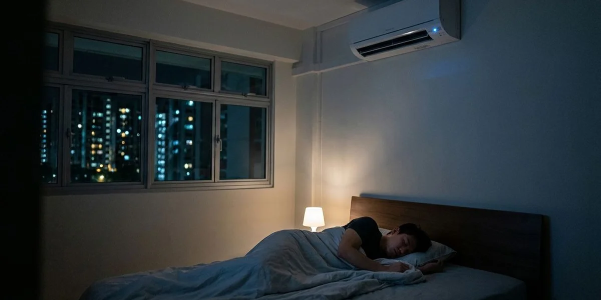 Peaceful bedroom in Singapore with aircon set to ideal sleeping temperature