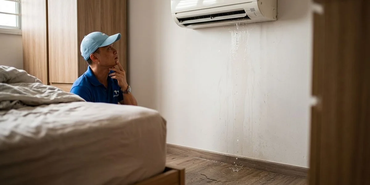 Water dripping from aircon indoor unit drain pan leak causing wall damage