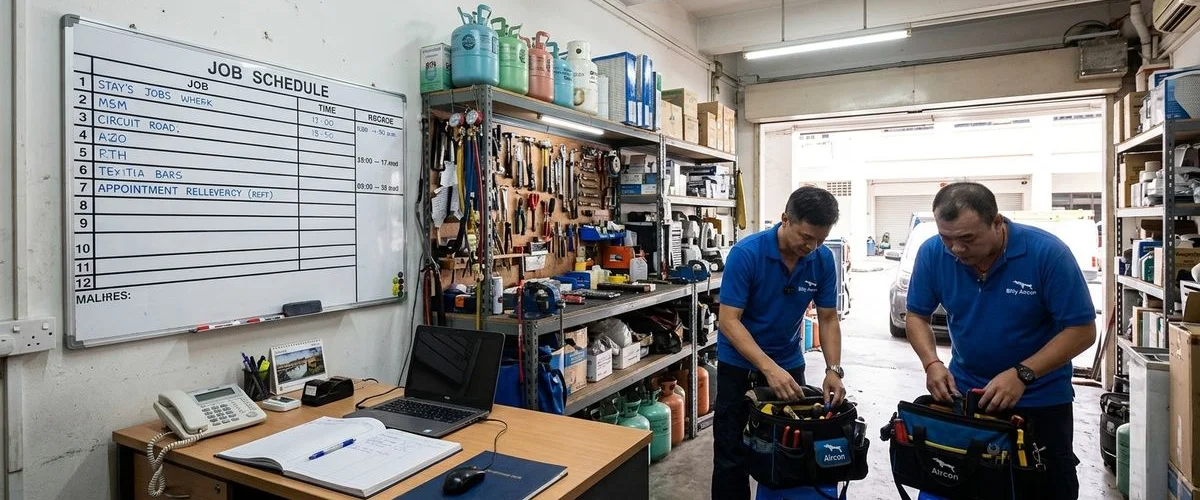 Billy Aircon office interior at 35 Circuit Road, Singapore with technicians preparing equipment